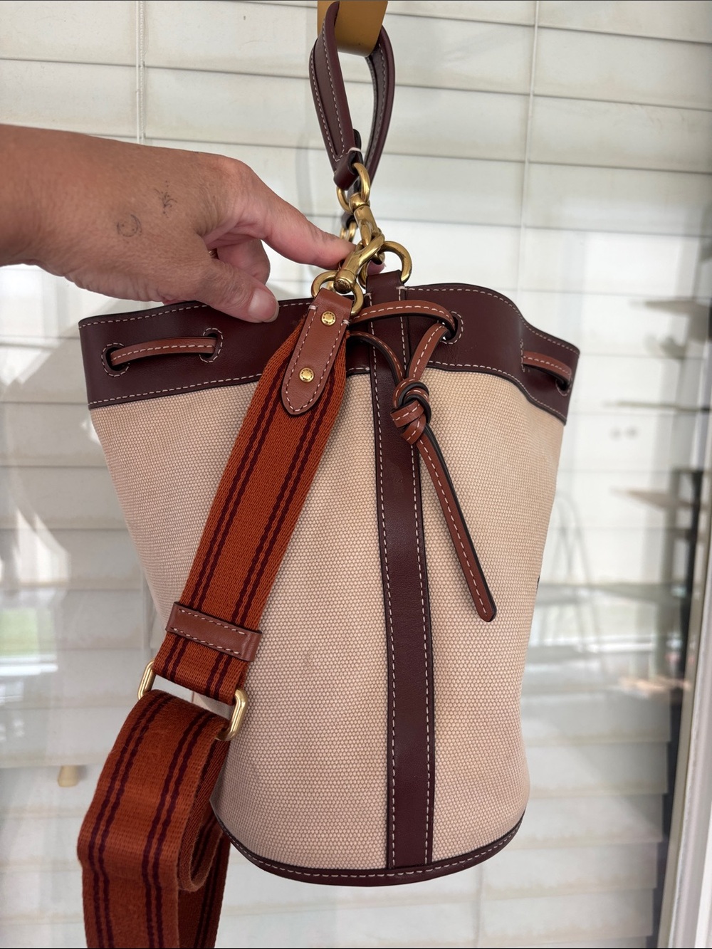 Coach Beige Canvas and Brown Leather Bucket Shoulder Bag w/crossbody strap - Picture 4 of 14
